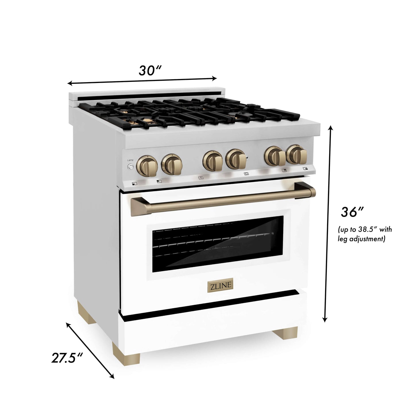 ZLINE 3-Appliance 30" Autograph Edition Kitchen Package with Stainless Steel Dual Fuel Range with Matte White Door, Range Hood, and Dishwasher with Champagne Bronze Accents
