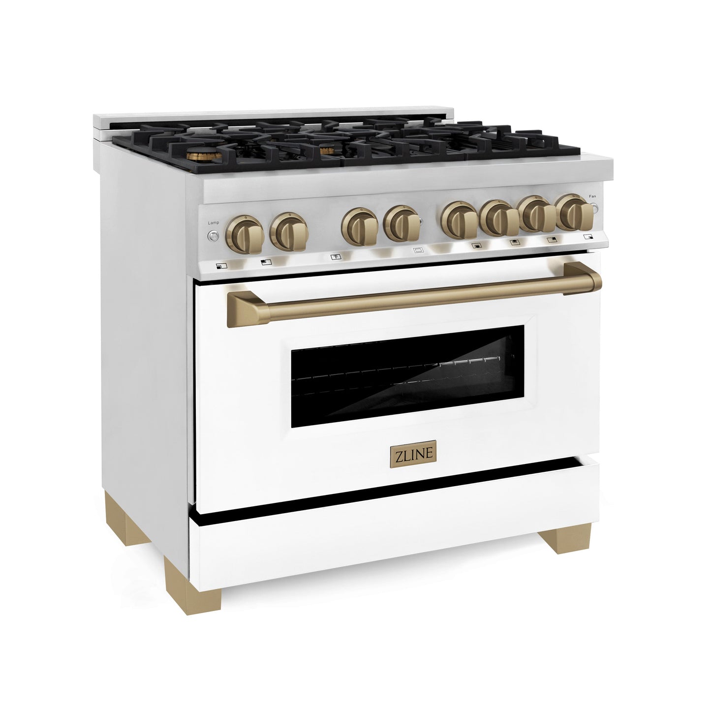 ZLINE 2-Appliance 36" Autograph Edition Kitchen Package with Stainless Steel Dual Fuel Range with Matte White Door and Range Hood with Champagne Bronze Accents