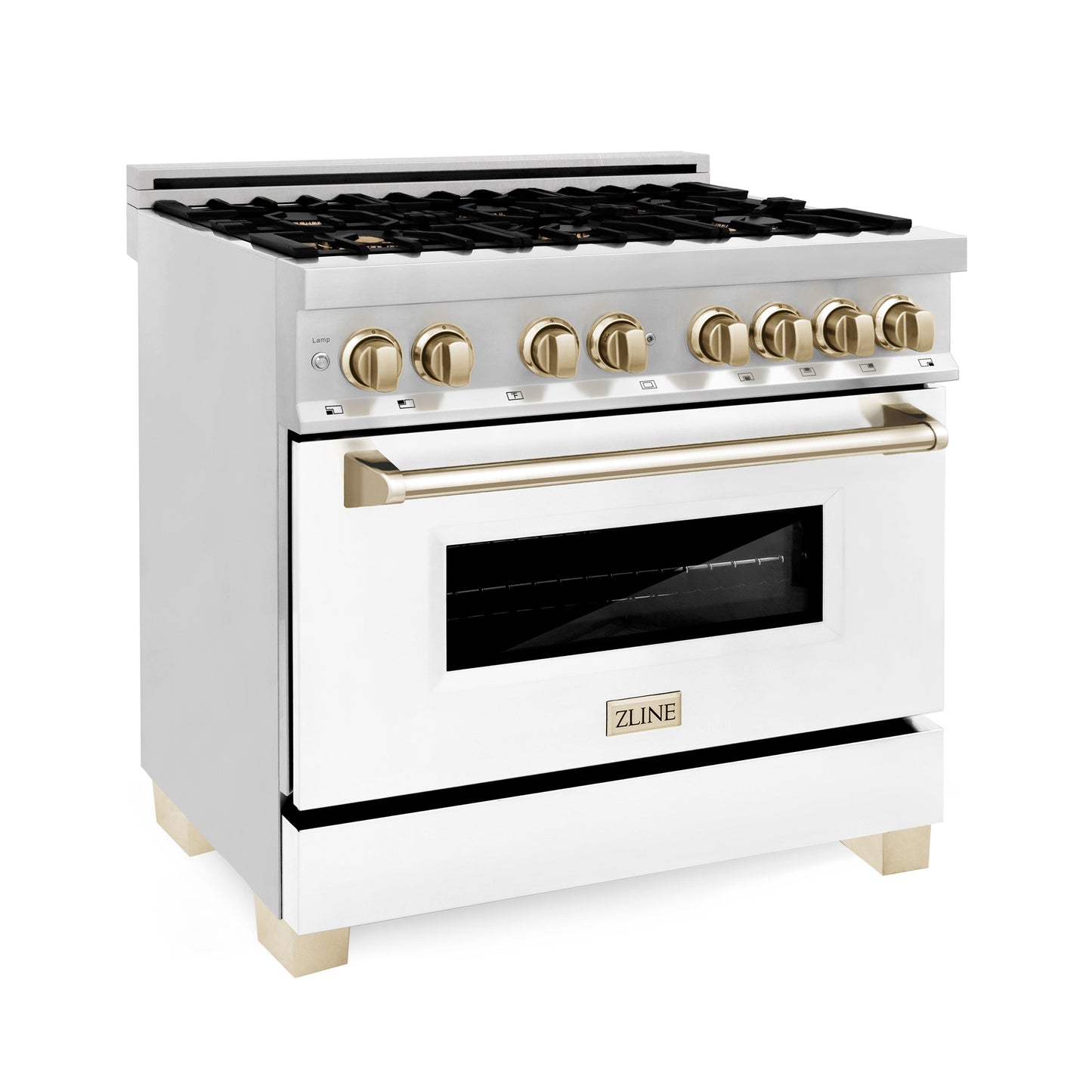 ZLINE 2-Appliance 36" Autograph Edition Kitchen Package with Stainless Steel Dual Fuel Range with Matte White Door and Range Hood with Polished Gold Accents