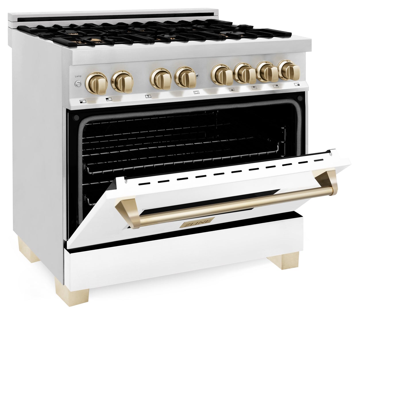 ZLINE 2-Appliance 36" Autograph Edition Kitchen Package with Stainless Steel Dual Fuel Range with Matte White Door and Range Hood with Polished Gold Accents