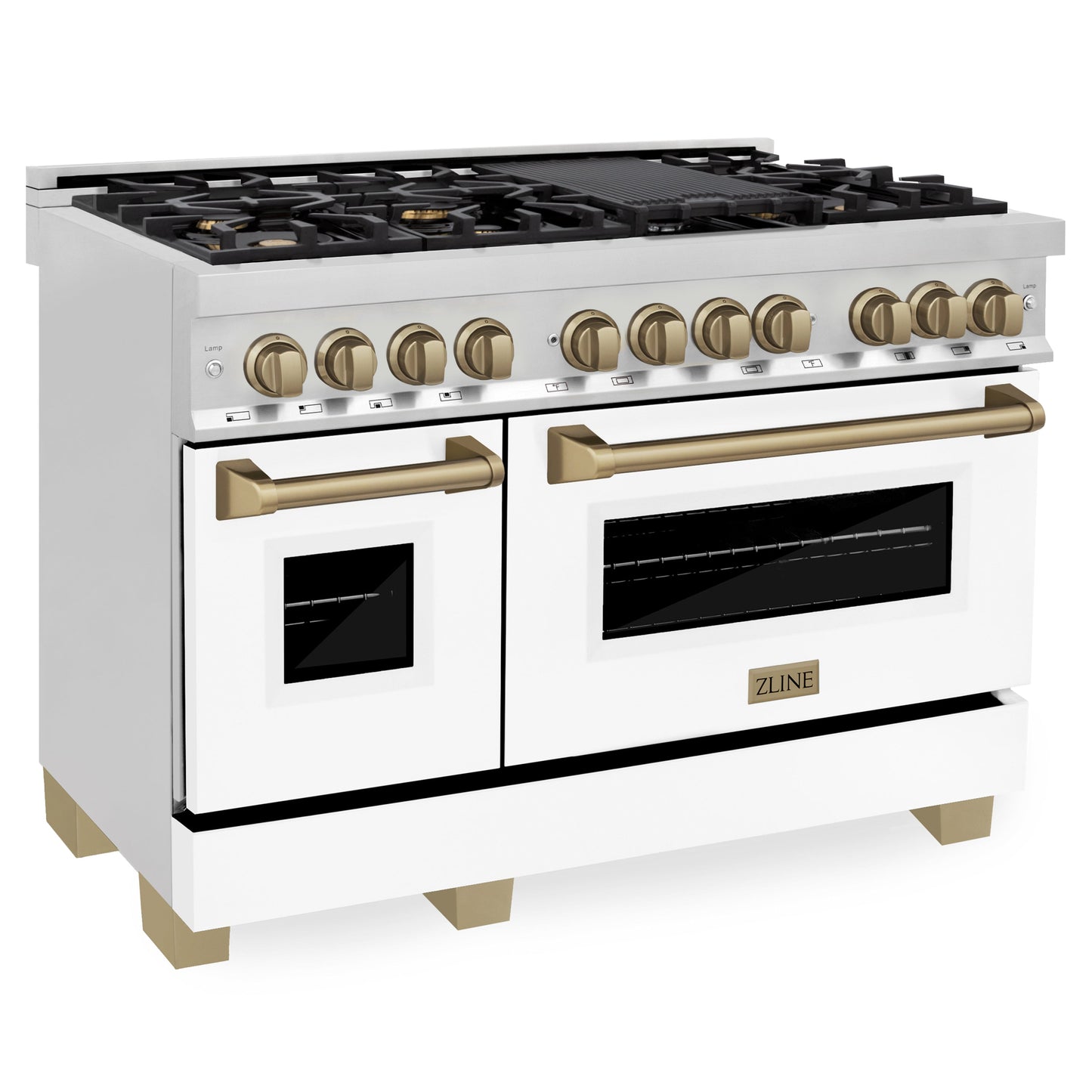ZLINE 3-Appliance 48" Autograph Edition Kitchen Package with Stainless Steel Dual Fuel Range with White Matte Door, Range Hood, and Dishwasher with Champagne Bronze Accents
