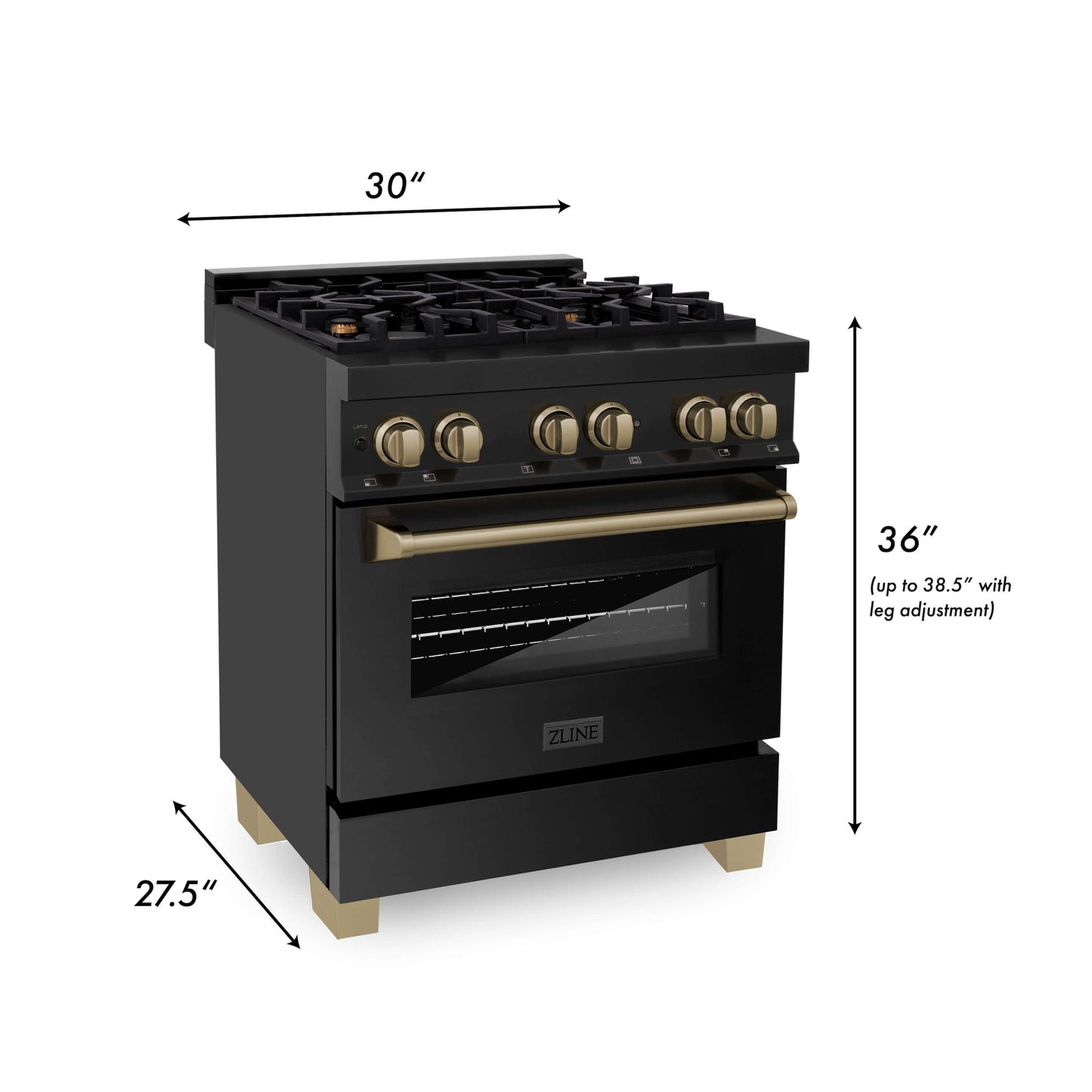ZLINE 4-Appliance 30" Autograph Edition Kitchen Package with Black Stainless Steel Dual Fuel Range, Range Hood, Dishwasher, and Refrigeration Including External Water Dispenser with Champagne Bronze Accents