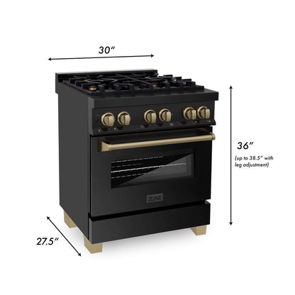 ZLINE 4-Appliance 30" Autograph Edition Kitchen Package with Black Stainless Steel Dual Fuel Range, Range Hood, Dishwasher, and Refrigeration Including External Water Dispenser with Champagne Bronze Accents