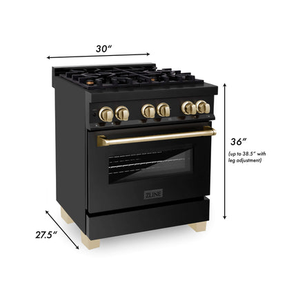 ZLINE 4-Appliance 30" Autograph Edition Kitchen Package with Black Stainless Steel Dual Fuel Range, Range Hood, Dishwasher, and Refrigeration Including External Water Dispenser with Polished Gold Accents