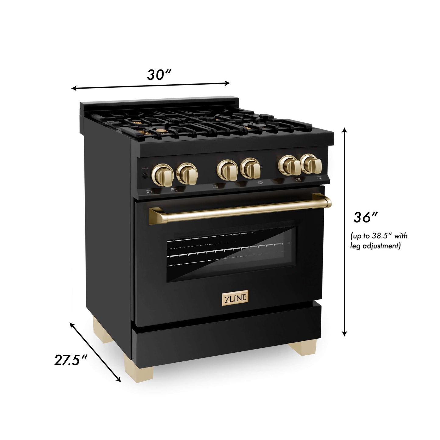 ZLINE 3-Appliance 30" Autograph Edition Kitchen Package with Black Stainless Steel Dual Fuel Range, Range Hood, and Dishwasher with Polished Gold Accents