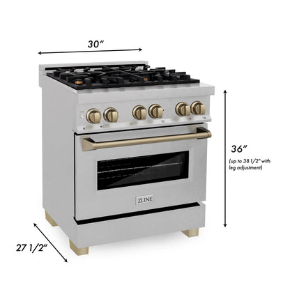 ZLINE Autograph Edition 30" Gas Stove and Electric Oven - DuraSnow Steel with Bronze Accents
