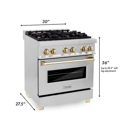 ZLINE 3-Appliance 30" Autograph Edition Kitchen Package with Stainless Steel Dual Fuel Range, Tall Tub Dishwasher, and Range Hood with Polished Gold Accents