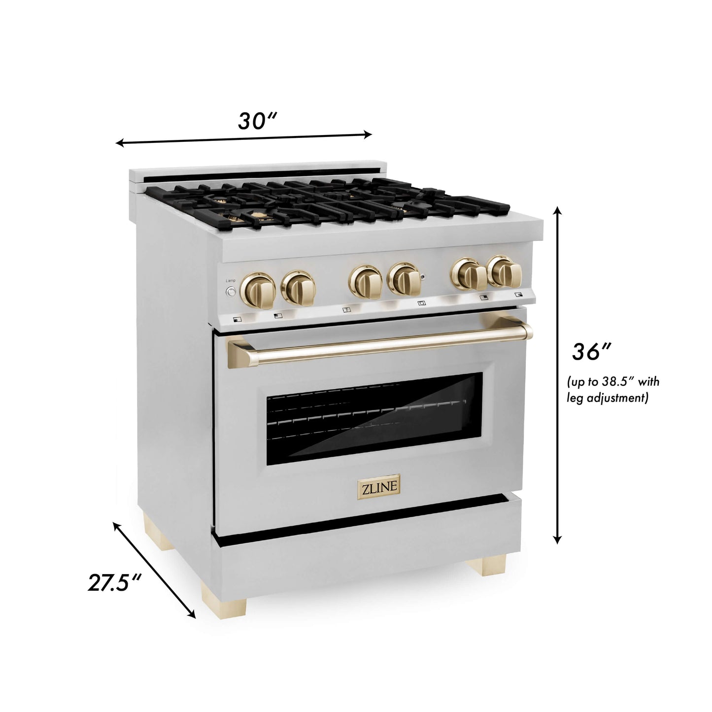 ZLINE 4-Appliance 30" Autograph Edition Kitchen Package with Stainless Steel Dual Fuel Range, Range Hood, Dishwasher, and Refrigeration Including External Water Dispenser with Polished Gold Accents