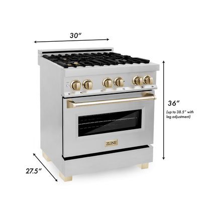 ZLINE 4-Appliance 30" Autograph Edition Kitchen Package with Stainless Steel Dual Fuel Range, Range Hood, Dishwasher, and Refrigeration Including External Water Dispenser with Polished Gold Accents