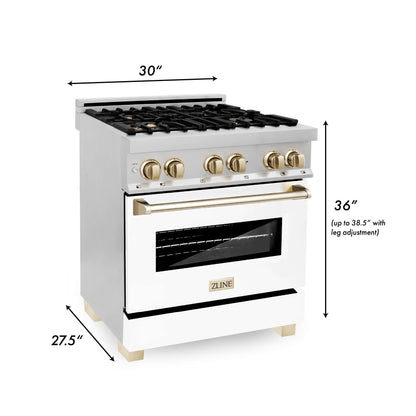 ZLINE 3-Appliance 30" Autograph Edition Kitchen Package with Stainless Steel Dual Fuel Range with Matte White Door, Range Hood, and Dishwasher with Polished Gold Accents