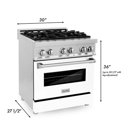 ZLINE 30" Dual Fuel Range - Stainless Steel with White Matte Door, Gas Stove, and Electric Oven