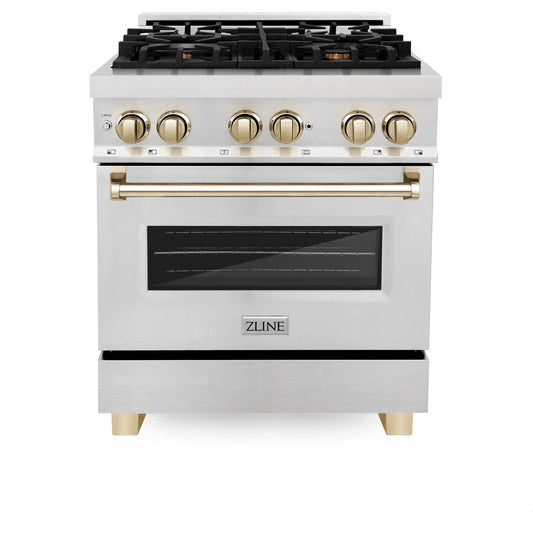 ZLINE Autograph Edition 30" Dual Fuel Range - DuraSnow Steel with Gold Accents