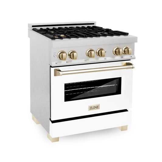 ZLINE Autograph Edition 30" Dual Fuel Range - DuraSnow Steel, White Matte Door with Gold Accents