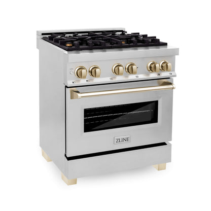 ZLINE 3-Appliance 30" Autograph Edition Kitchen Package with Stainless Steel Dual Fuel Range, Tall Tub Dishwasher, and Range Hood with Polished Gold Accents
