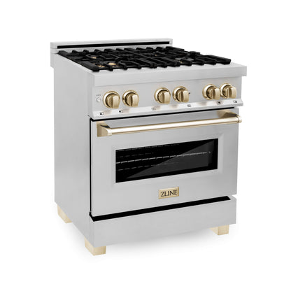 ZLINE 4-Appliance 30" Autograph Edition Kitchen Package with Stainless Steel Dual Fuel Range, Range Hood, Dishwasher, and Refrigeration Including External Water Dispenser with Polished Gold Accents
