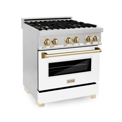 ZLINE 2-Appliance 30" Autograph Edition Kitchen Package with Stainless Steel Dual Fuel Range with Matte White Door and Range Hood with Polished Gold Accents