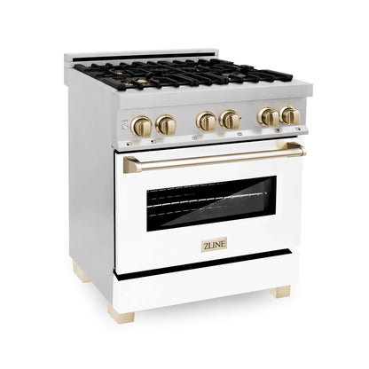 ZLINE 3-Appliance 30" Autograph Edition Kitchen Package with Stainless Steel Dual Fuel Range with Matte White Door, Range Hood, and Dishwasher with Polished Gold Accents