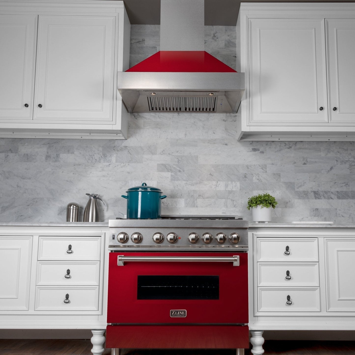 ZLINE 2-Appliance 30" Kitchen Package with DuraSnow Stainless Steel Dual Fuel Range with Glossy Red Door and Convertible Vent Range Hood
