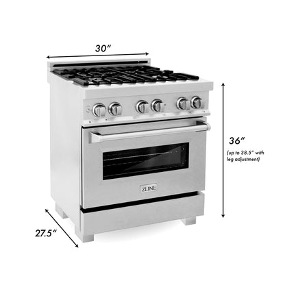 ZLINE 3-Appliance 30" Kitchen Package with DuraSnow Stainless Dual Fuel Range, Ducted Vent Range Hood, and Dishwasher