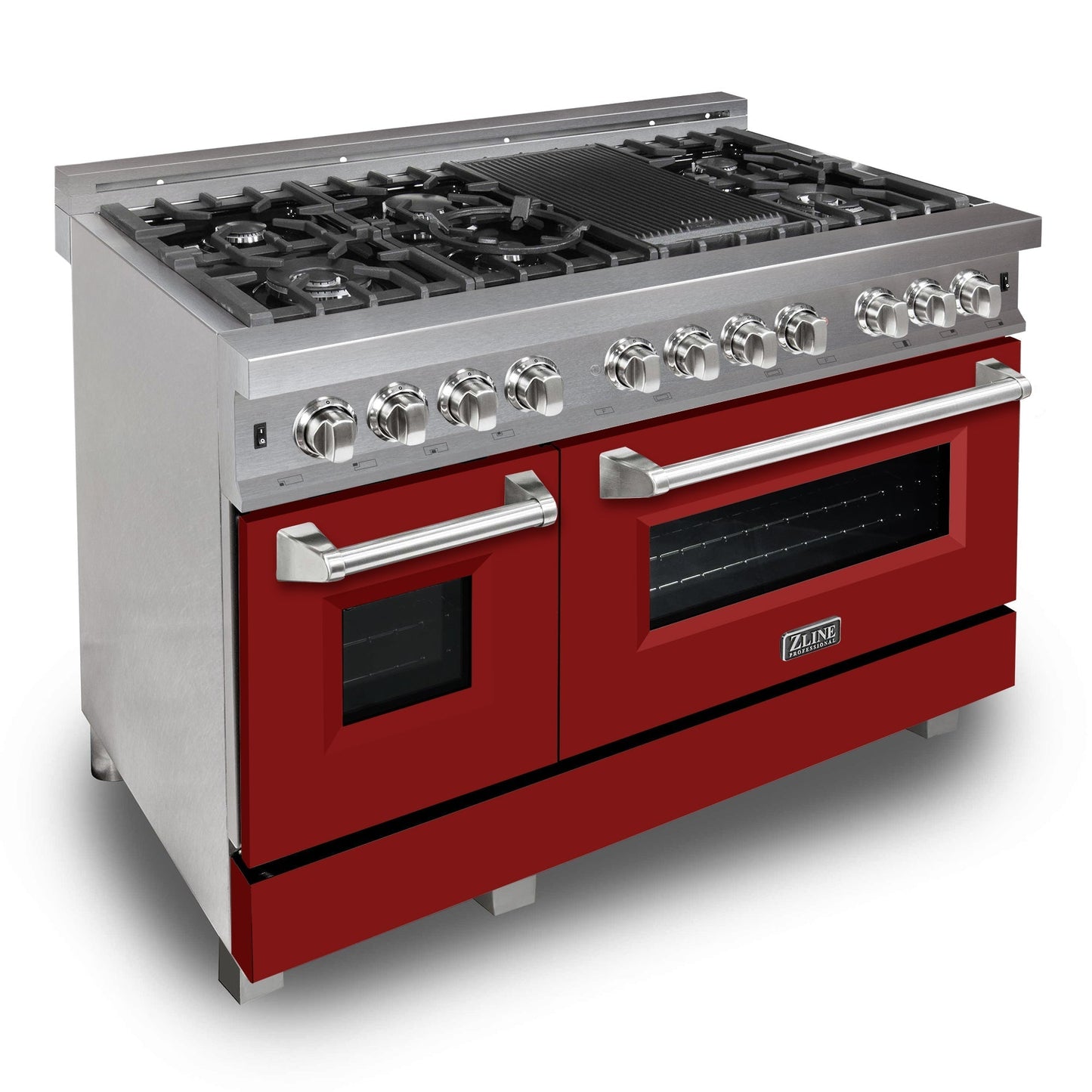 ZLINE 2-Appliance 48" Kitchen Package with DuraSnow Stainless Steel Dual Fuel Range with Matte Red Door and Convertible Vent Range Hood